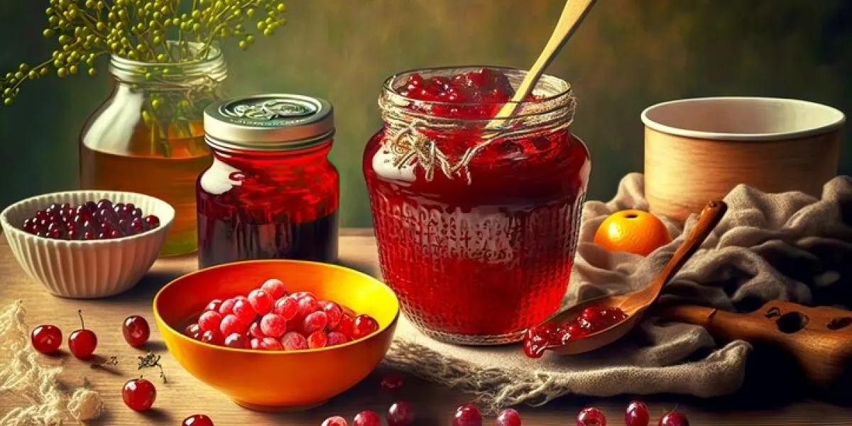healthy jams and preserves made from delicious ripe cranberry in bowl on table, created with generative ai healthy jams and preserves made from delicious ripe cranberry in bowl on table, created with generative ai