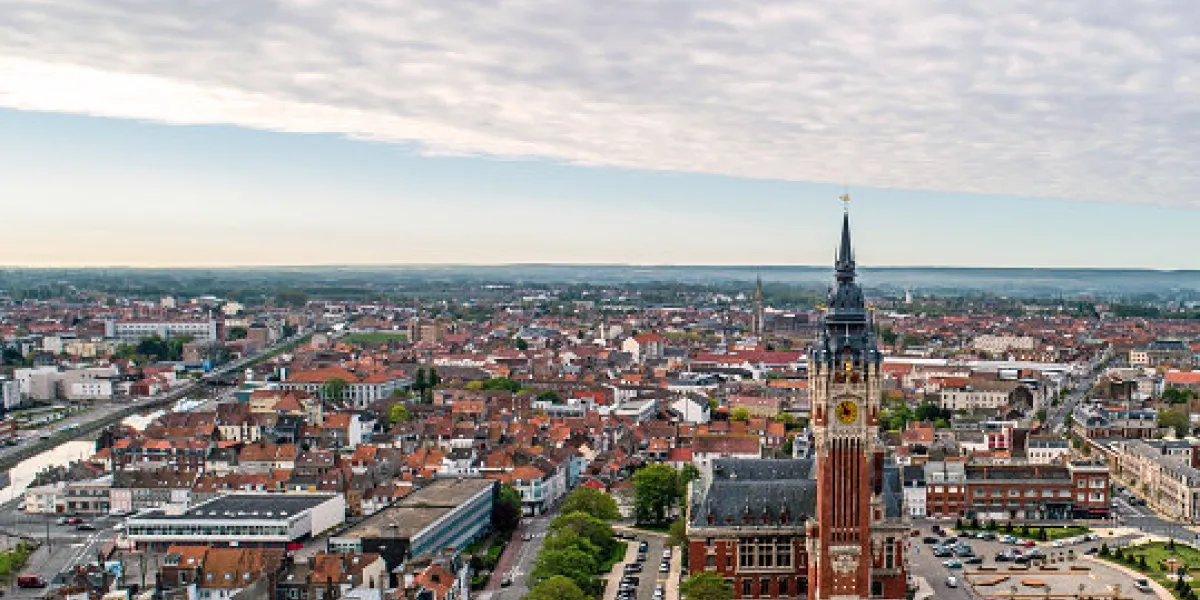 aerial photo of calais city hall belfry, france aerial photo of calais city hall belfry, france
