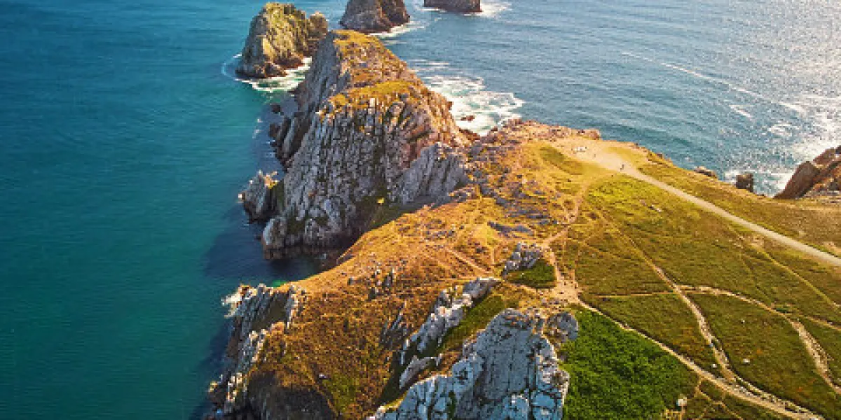 scenic view of crozon peninsula, one of the most popular tourist destinations in brittany, france aerial drone view of widely known tourist attraction along famous gr34 tracking path scenic view of crozon peninsula, one of the most popular tourist destinations in brittany, france aerial drone view of widely known tourist attraction along famous gr34 tracking path