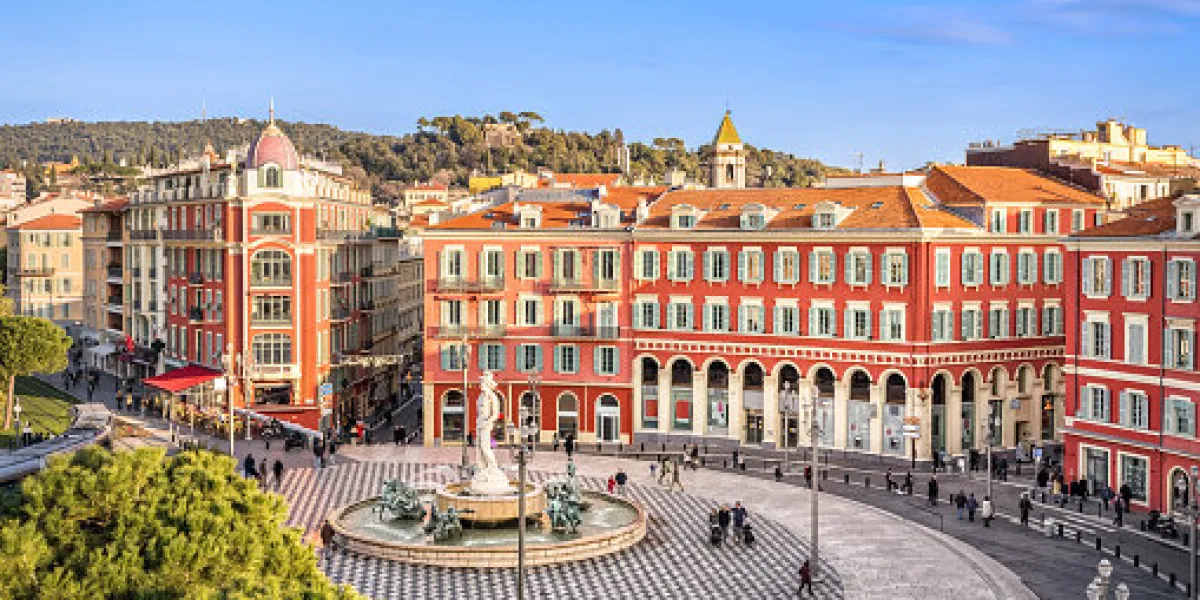 aerial view of place massena square with red buildings and fountain in nice, france aerial view of place massena square with red buildings and fountain in nice, france
