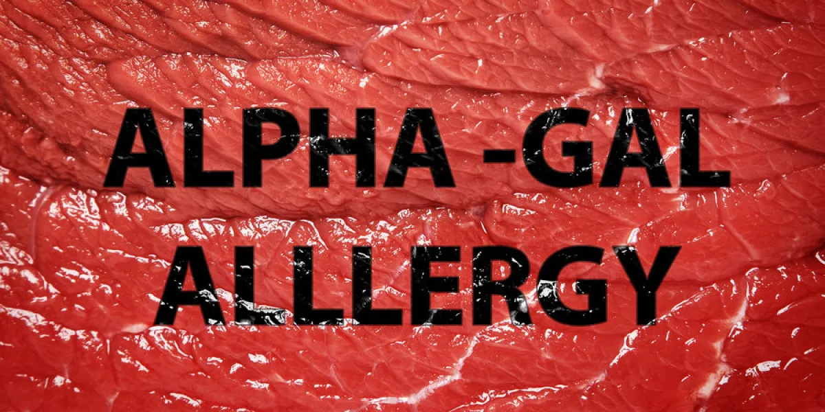 closeup of piece of red meat and alpha-gal allergy lettering above it closeup of piece of red meat and alpha-gal allergy lettering above it
