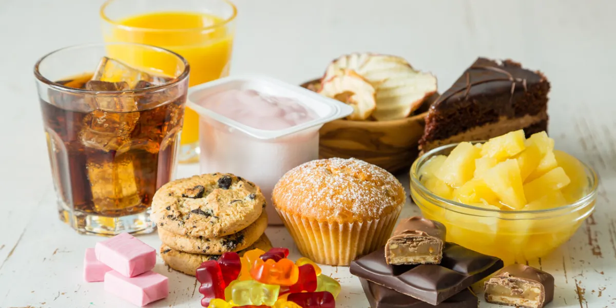 selection of food high in sugar, copy space