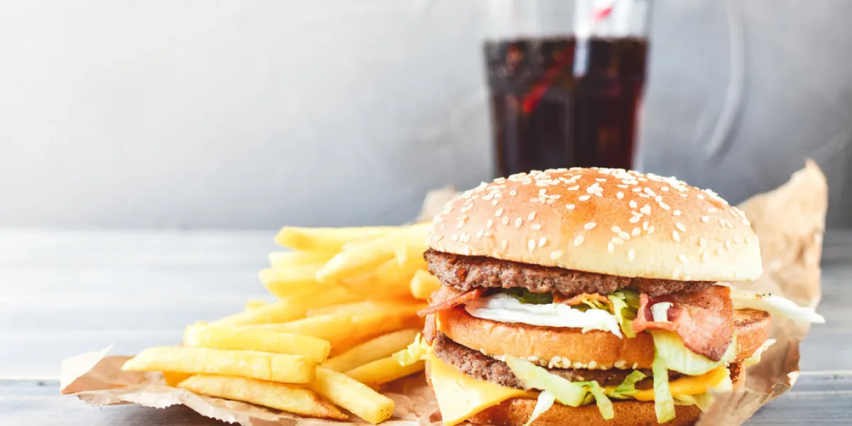 double cheeseburger with fries takeaway lunch, fast food restau