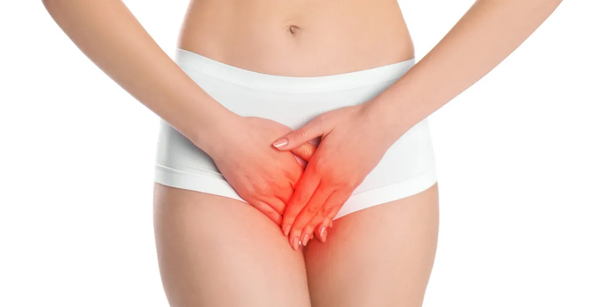woman suffering from vaginal yeast infection on white background, closeup woman suffering from vaginal yeast infection on white background, closeup