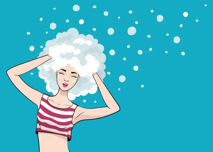 happy girl with white foam on her head closed eyes advertising poster template vector fashion illustration