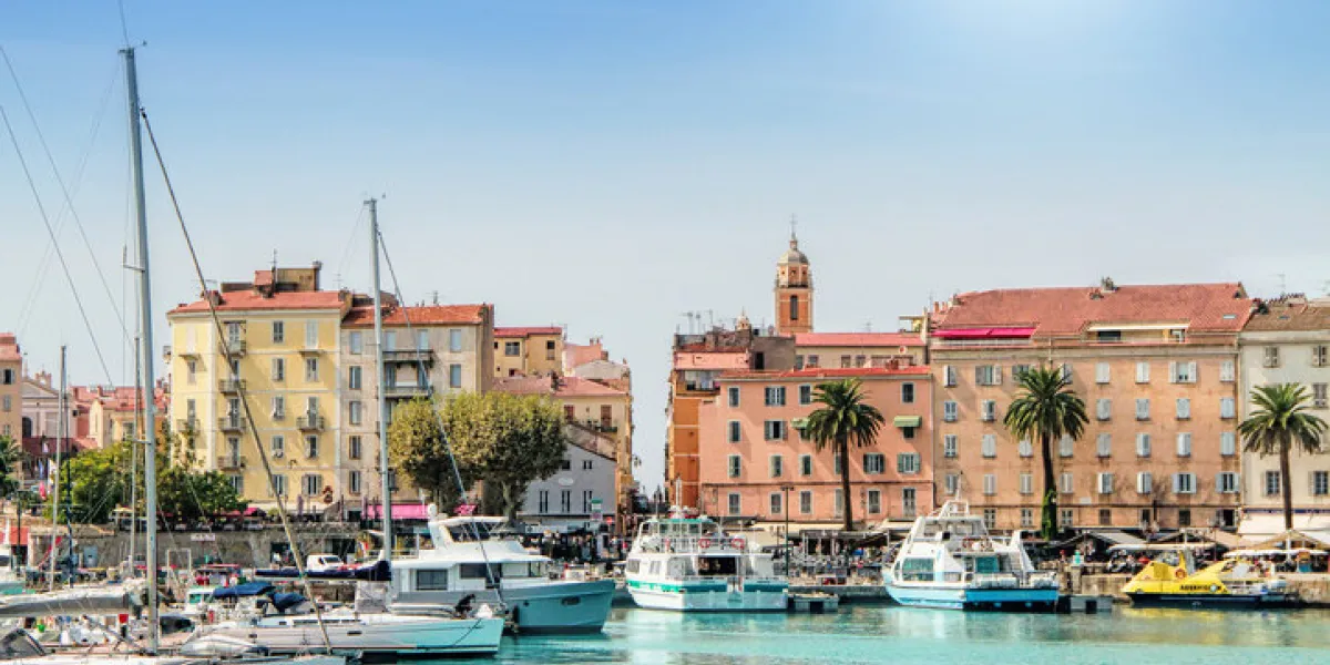 ajaccio, corsica, france - september, 13, 2016 ajaccio port cityscape with moored yachts and pleasure boats , corsica island, france ajaccio, corsica, france - september, 13, 2016 ajaccio port cityscape with moored yachts and pleasure boats , corsica island, france