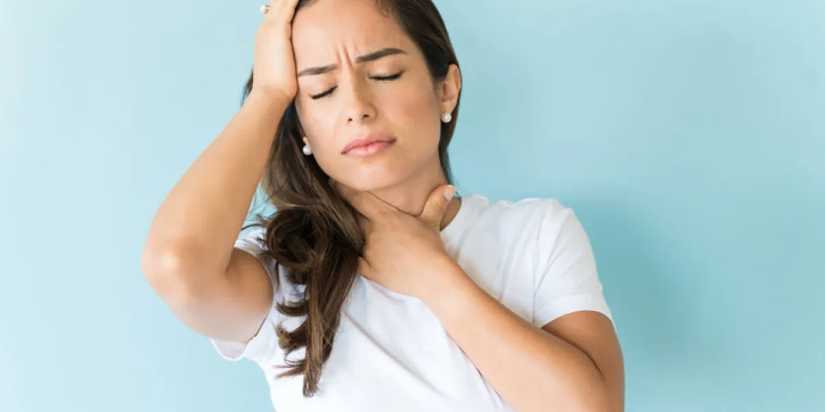 unhappy ill woman suffering from headache and throat pain against colored background unhappy ill woman suffering from headache and throat pain against colored background
