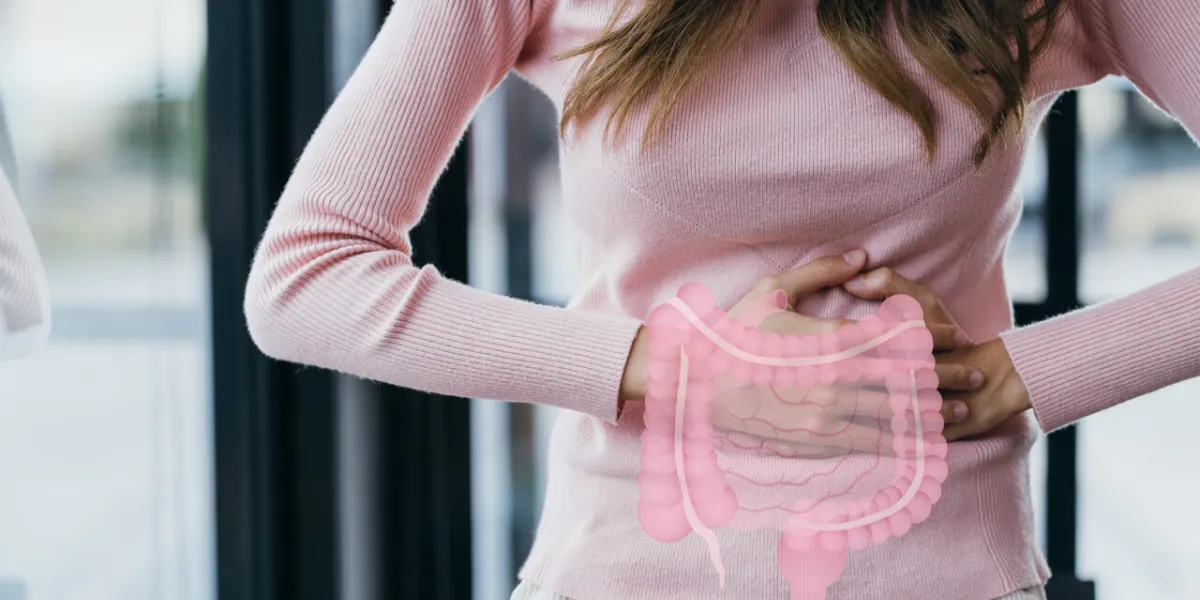woman hands touching on stomach with intestine virtual icon, probiotics food for gut health, colon cancer, bowel inflammatory healthy feminine concept woman hands touching on stomach with intestine virtual icon, probiotics food for gut health, colon cancer, bowel inflammatory healthy feminine concept