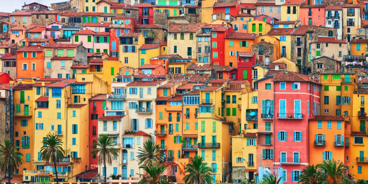 colorful houses in old part of menton, french riviera, france colorful houses in old part of menton, french riviera, france