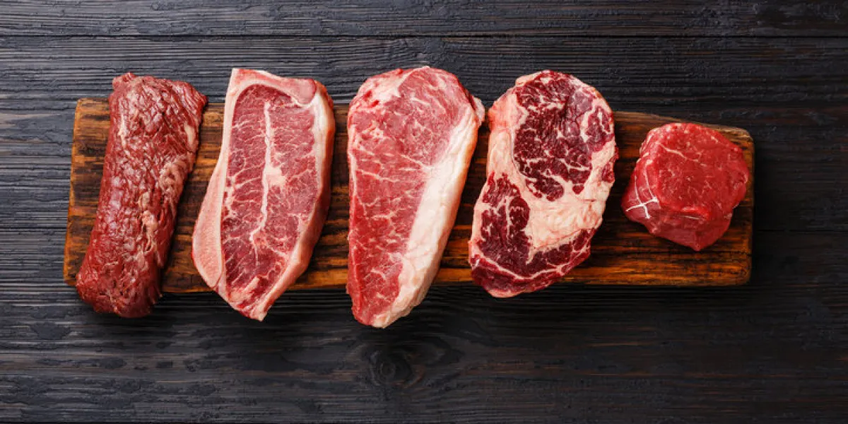 variety of raw black angus prime meat steaks machete, blade on bone, striploin, rib eye, tenderloin fillet mignon on wooden board copy space