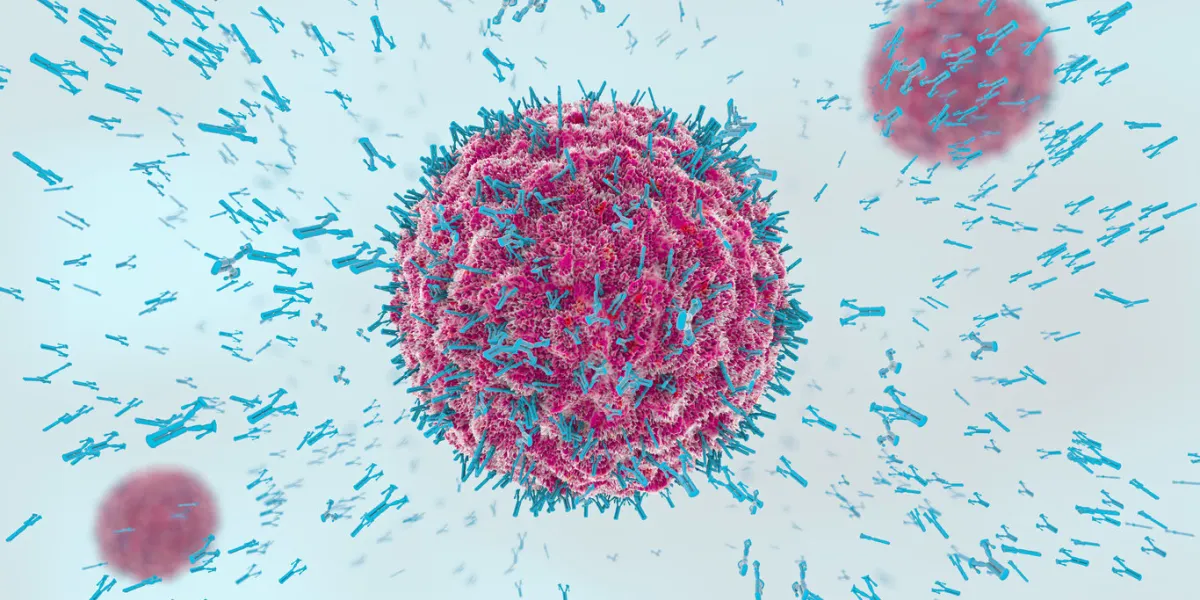 3d illustration of antibodies attacking virus cell into the bloodstream