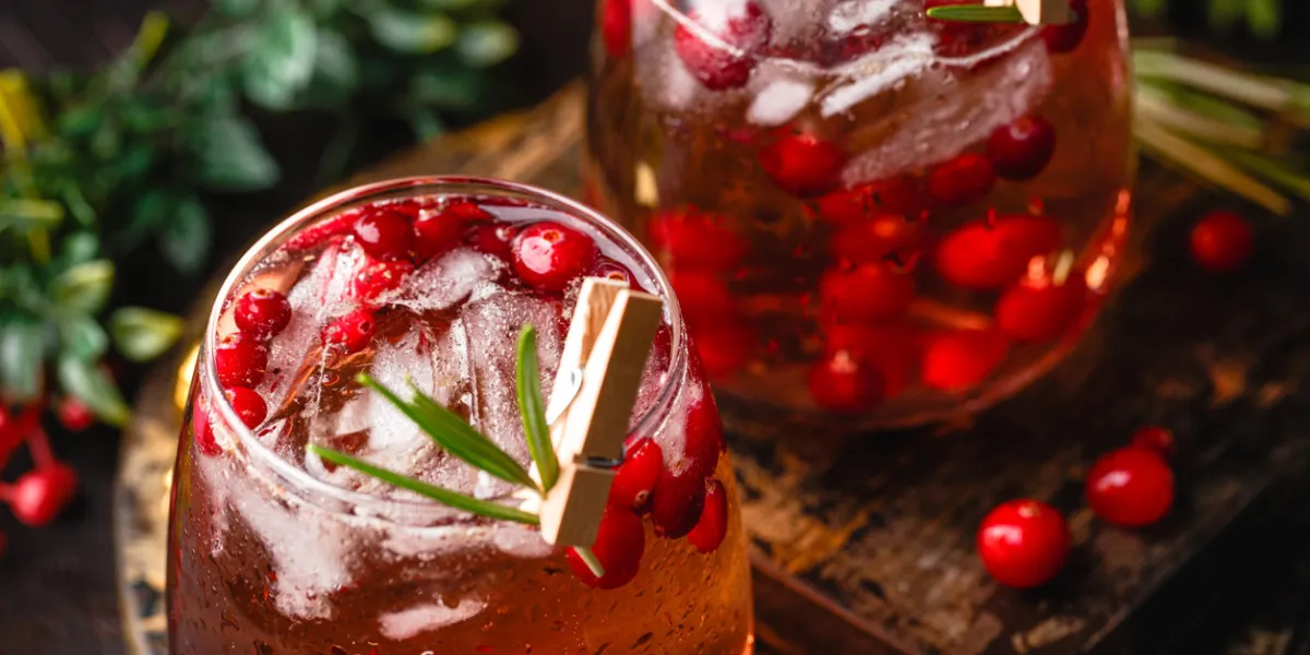 festive cranberry and rosemary cocktail with ice on the dark background alcoholic or non-alcoholic cocktail