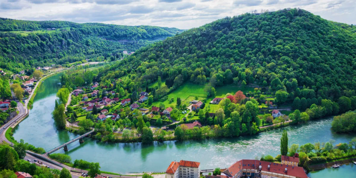 aerial view to the old city from the citadel in besancon of bourgogne franche comte region in france