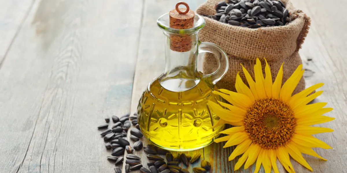 sunflower oil in bottles with seeds and flower on wooden background