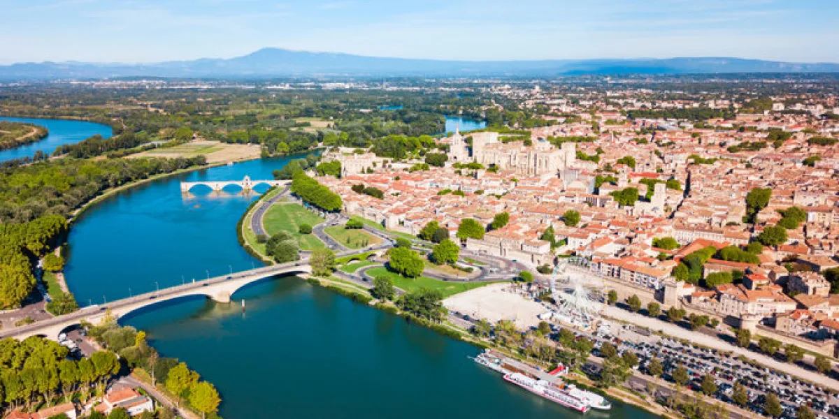 rhone river aerial panoramic view in avignon avignon is a city on the rhone river in southern france