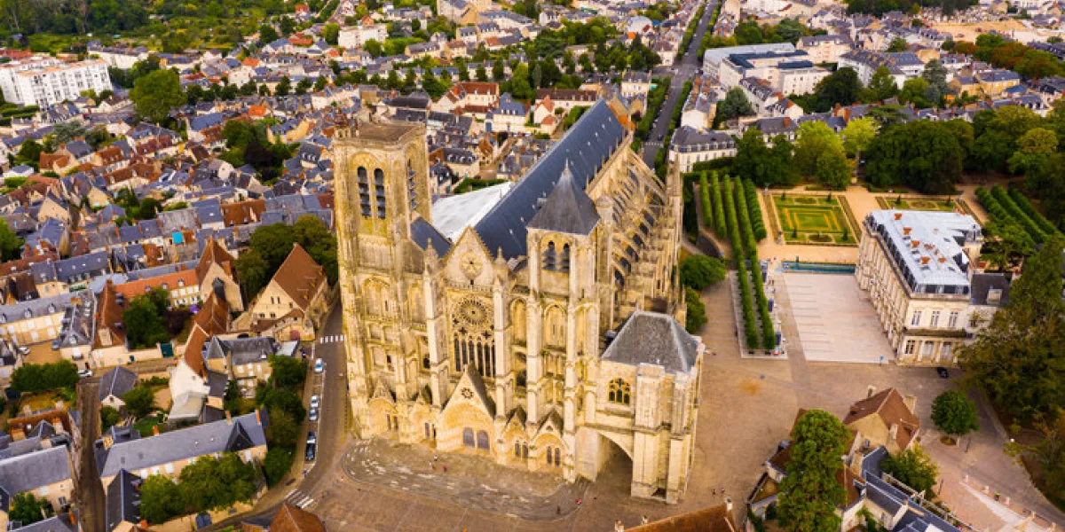aerial view of french commune of bourges in summer day looking out over ancient gothic cathedral of st stephen