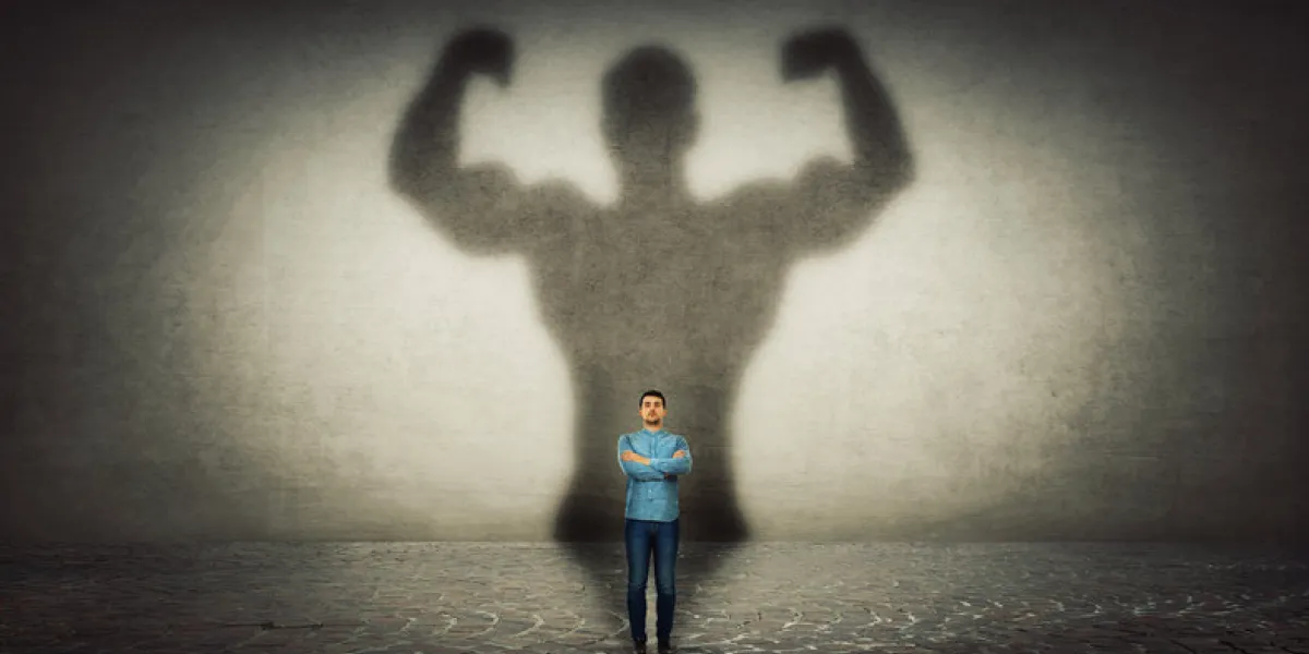 confident businessman imagine himself a powerful hero, casting shadow of big strong muscular bodybuilder showing his biceps inner strength, leadership qualities business development confident businessman imagine himself a powerful hero, casting shadow of big strong muscular bodybuilder showing his biceps inner strength, leadership qualities business development