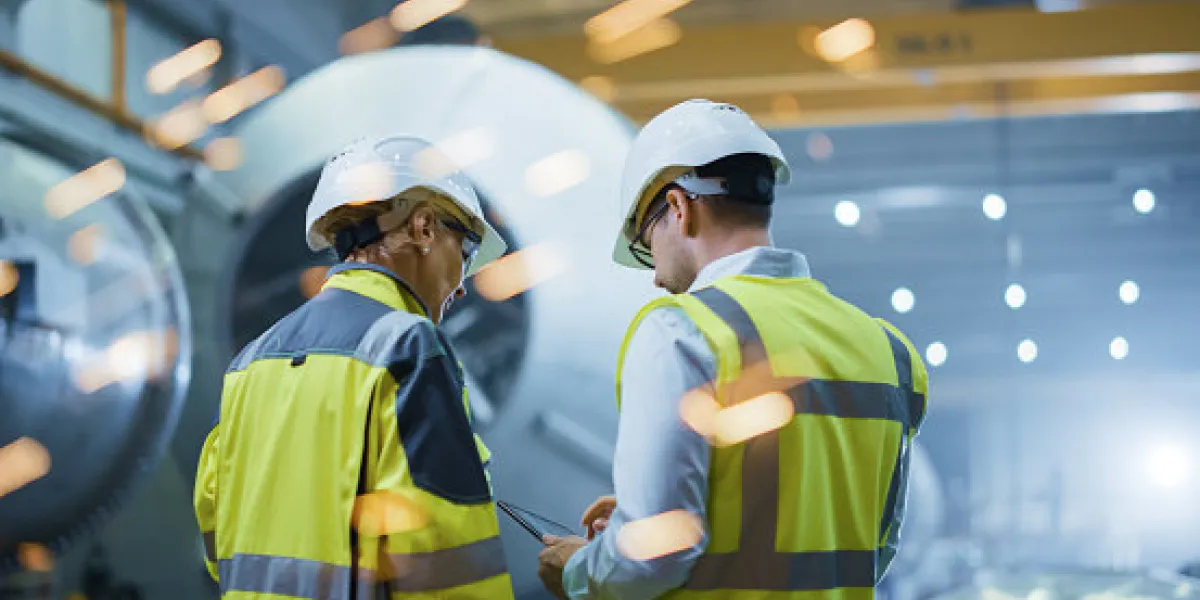 two heavy industry engineers stand in pipe manufacturing factory, use digital tablet computer, have discussion construction of oil, gas and fuels transport pipeline back view sparks flying