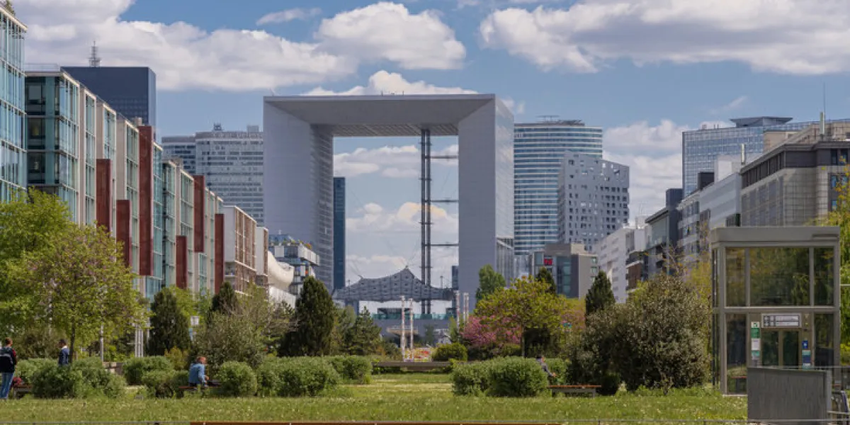 nanterre, france - 05 02 2021 la defense district view of arch of la defense and modern buildings from terrace of the arch nanterre, france - 05 02 2021 la defense district view of arch of la defense and modern buildings from terrace of the arch
