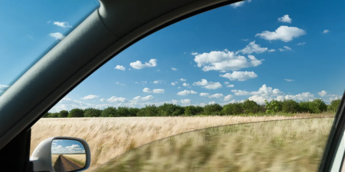 view from car window on wheat field view from car window on wheat field