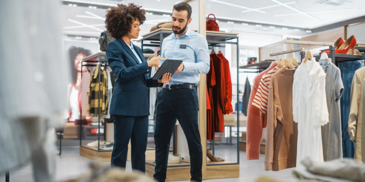 clothing store  businesswoman uses tablet computer, talks to visual merchandising specialist, collaborate to create stylish collection small business fashion shop sales manager talks to designer