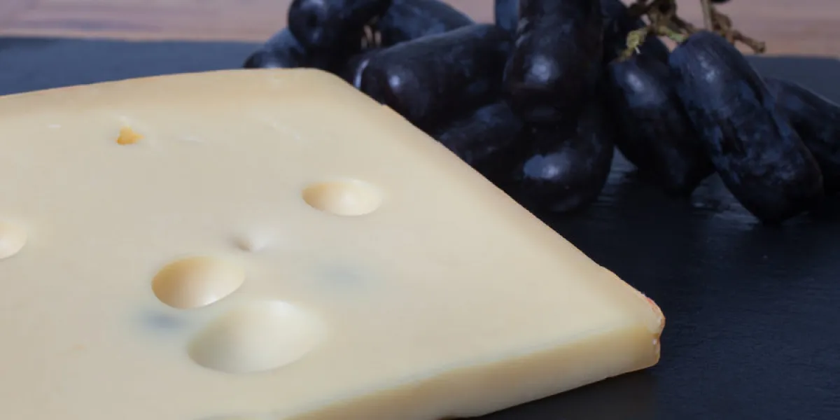 norwegian jarlsberg cheese with long black grapes