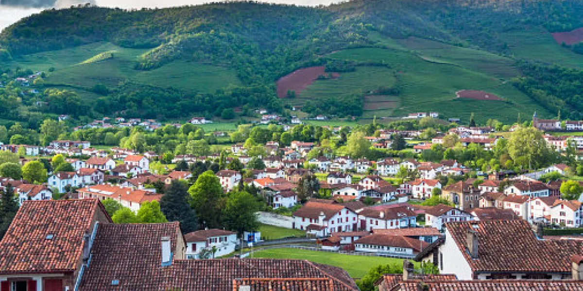 saint-jean-pied-de-port, nouvelle-aquitaine france - april 29, 2018 general view of the town as seen from the citadelle saint-jean-pied-de-port, nouvelle-aquitaine france - april 29, 2018 general view of the town as seen from the citadelle