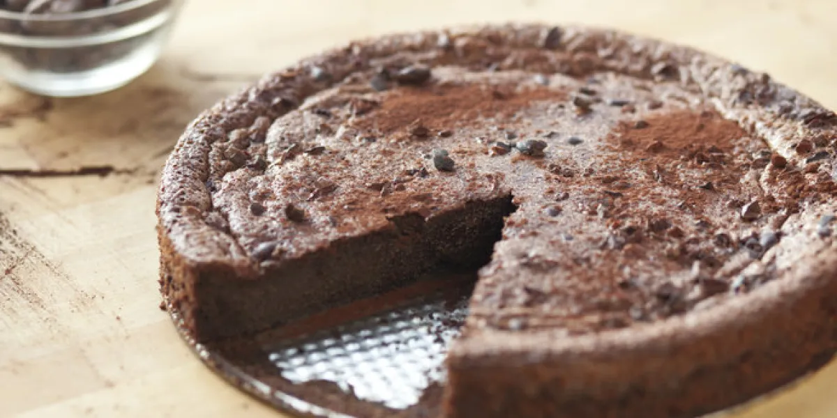 a whole chocolate cake dusted with cocoa and cocoa nibs with one slice missing a whole chocolate cake dusted with cocoa and cocoa nibs with one slice missing