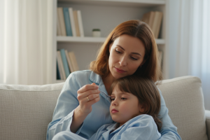 Un plan rapproché (medium close-up) d'une mère (35 ans, cheveux châtains) assise sur un canapé en li