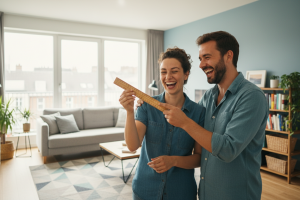 un homme et une femme rigolent tous les deux. La femme tient un double décimetre

Modifications: ils