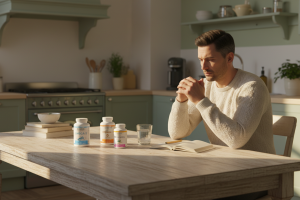 un homme assis devant une table de cuisine en bois clair et patiné, inondée par la lumière du matin 
