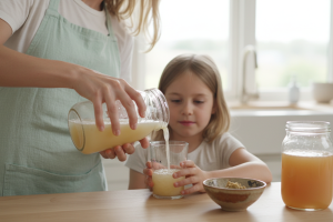 . Un plan rapproché (medium close-up) capturant une scène matinale dans une cuisine minimaliste et l