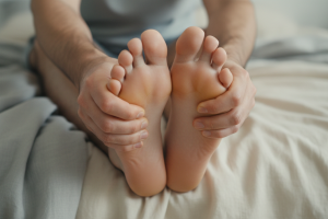 Gros plan rapproché (macro) sur les pieds et les mains d'un homme (trentaine, main forte et calme) a