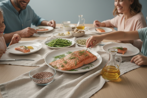 . Plan large en contre-plongée légère d'une table de salle à manger familiale illuminée par un éclai