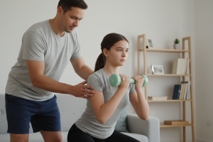 Un plan moyen (medium shot) capturant une scène de coaching familial douce et concentrée. Un père d'