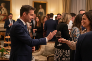 dans une soirée avec plusieurs participants, un homme de 40 ans repousse un verre de vin qui lui est