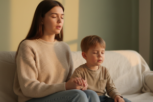 Une scène intime et sereine dans un salon baigné par la douce lumière dorée du coucher de soleil. Un