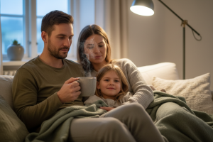 Un plan moyen d'une famille — un père, une mère, et leur jeune enfant, âgé de six ans — confortablem