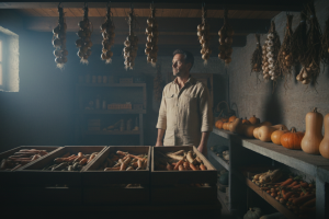 Un plan large cinématographique capturant l'intérieur d'un cellier frais et sombre, lieu idéal de co