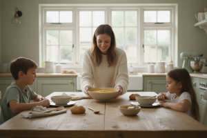 Plan large d'une cuisine familiale lumineuse et aérée, décorée de tons pastel de vert sauge et de bl