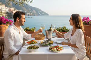 un couple déjeune en terrasse d'un restaurant en bord de mer. Sur la table, poissons et légumes vert