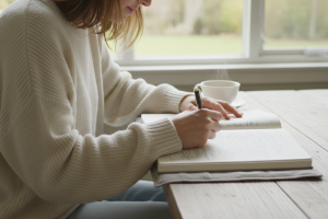 Un plan moyen, pris d'une perspective légèrement en contre-plongée, montrant une personne assise con