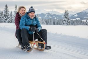 un couple agé de 50 ans sur une luge dévalle ensemble une pente enneigée