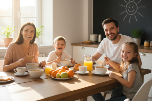 une famille souriante en train de prendre un petit déjeuner