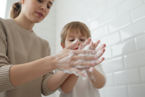 Plan moyen rapproché d'une jeune mère aux cheveux attachés, portant un pull en maille beige naturel,