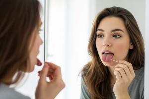 une jeune femme se regarde dans le miroir. Elle tire la langue pour voir si sa langue est chargée