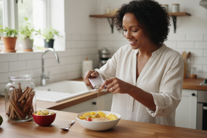 Une femme martiniquaise d'une quarantaine d'années, souriante et sereine, prépare son petit-déjeuner