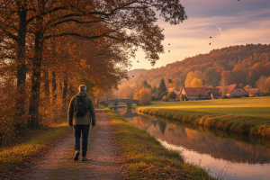 plan moyen d'un paysage de campagne en automne. On aperçoit un homme d'une quarantaine d'années qui 