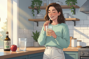 Prompt 2: Une jeune femme souriante, 25-35 ans, debout devant le comptoir de sa cuisine baignée de l