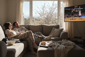 un couple de 35 ans avachi dans un canapé. Ils sont encore en pyjamas et en train de regarder la tél